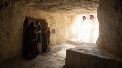 Naklejka premium Women meet two angels in shining white robes at empty tomb of Jesus. Biblical resurrection scene from gospel. Easter morning story of hope, faith and heavenly message.