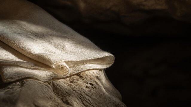 Folded linen burial cloth lying on stone slab in dark tomb. Empty tomb and resurrection of Jesus Christ. Biblical Easter story of Sunday morning discovery