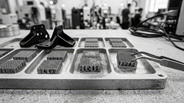 Additive manufacturing sample tray with honeycomb test coupons, powder residue, stainless tweezers, and matte black brackets