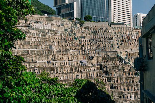Chinese Christian Cemetery in Pok Fu Lam with Queen Mary Hospital visible in the background on Hong Kong Island, Hong Kong - 27 August 2026.