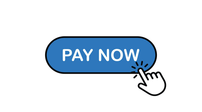 Bright blue pay now button with a mouse cursor clicking for online digital commerce payments