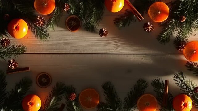Orange Pine Branch Cinnamon Stick Dried Citrus Holiday Border on White Wood Background