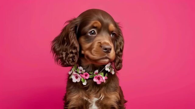 Brown Cocker Spaniel Puppy Wearing Flower Collar on Vibrant Pink Background Studio Portrait