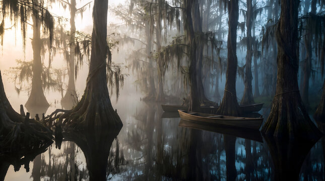 Wooden canoe floating in a misty louisiana swamp with tall cypress trees and spanish moss at early dawn