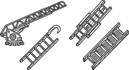 Naklejka premium Black and white line art vector illustration set of construction ladders and crane boom arm isolated on a clean white background.