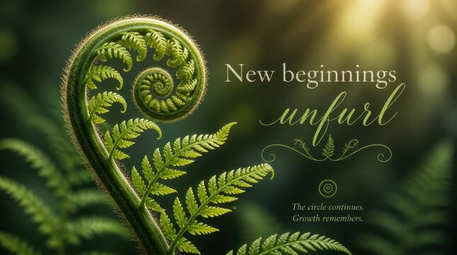 Close-up macro photograph of a vibrant green fern frond unfurling in a spiral koru shape with soft golden sunlight and inspirational text overlays in a lush forest environment.