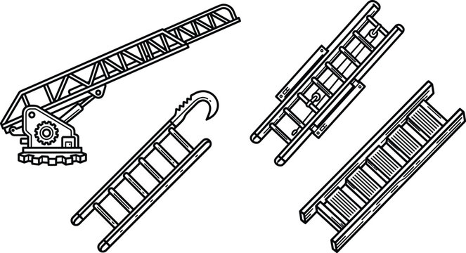 Black and white line art vector illustration set of construction ladders and crane boom arm isolated on a clean white background.