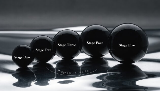 Five obsidian-black polished spheres of increasing size labeled Stage One to Stage Five, arranged on a reflective silver surface with Progress in motion text and monochrome tones.
