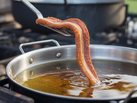 Thick crispy pork belly strip lifted on a metal spatula from a stainless steel pan filled with hot shimmering melted lard, showing steam and ripples while deep frying crackling.