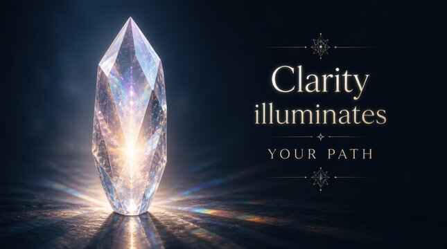 Single faceted iridescent crystal shard glowing internally on dark background with inspirational text reading Clarity illuminates YOUR PATH and golden light rays.