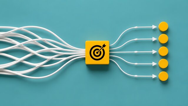 Multiple white wires funneling into a yellow target box and outputting into five separate arrows and circles representing data distribution and business strategy