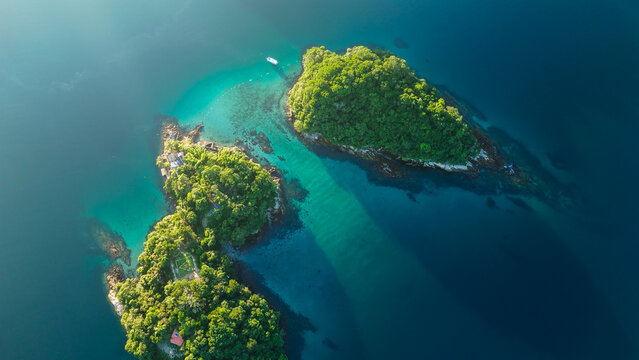 Aerial view of the tropical beach with clean water on the island of Ilha Grande in Brazil