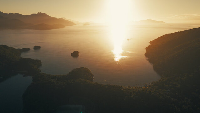 Aerial view of the island of Ilha Grande near the town of Angra dos Reis in Brazil during sunrise
