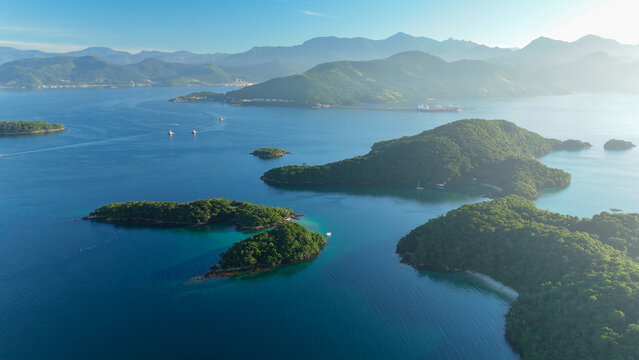 Aerial view of the tropical beach with clean water on the island of Ilha Grande in Brazil
