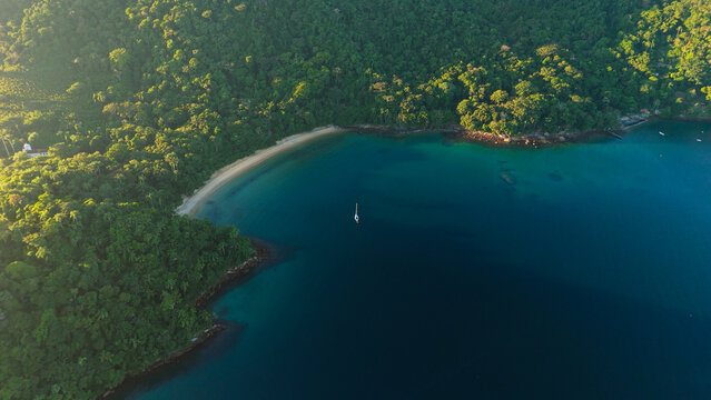 Aerial view of the tropical beach with clean water on the island of Ilha Grande in Brazil