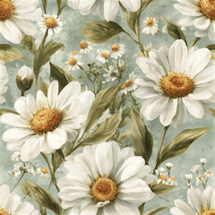 Fototapeta premium Seamless watercolor pattern featuring large white daisies with green leaves soft blue textured background, elegant floral