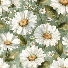 Fototapeta premium Seamless watercolor pattern featuring large white daisies with green leaves and soft background, evoking calm and natural