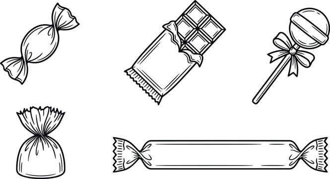 Black and white line art vector icon set of sweet candy wrappers chocolate bar and lollipop isolated on white background