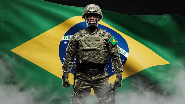 Brazilian soldier in tactical gear standing in front of waving national flag with smoke effects during military demonstration