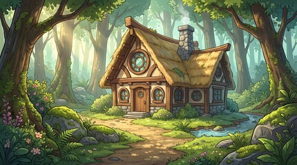Fototapeta premium Fairy tale cottage in enchanted forest