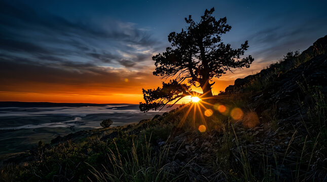 Lone pine tree silhouette at sunrise, sunburst lens flare, misty valley below