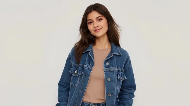 Young Woman in Denim Jacket and Beige Shirt Fashion Portrait Against Neutral Background