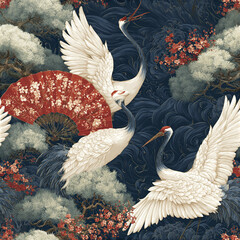 Naklejka premium Elegant white crane birds with red floral fan and pine tree branches create sophisticated Asian botanical seamless pattern