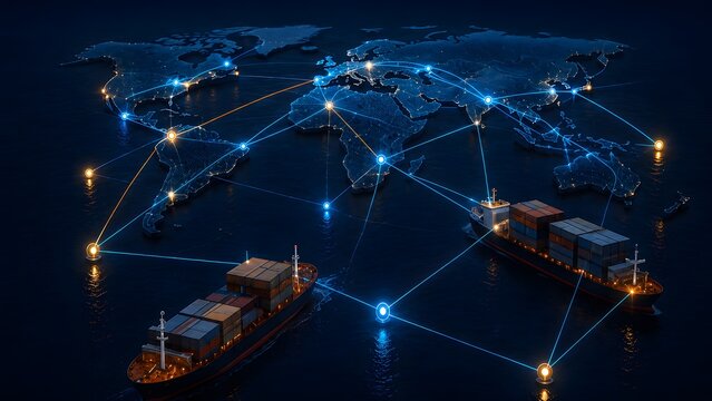 Global logistics network concept, glowing digital connection lines between cargo ships over world map at night.