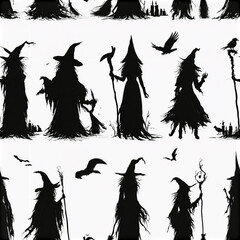 Naklejka premium Spooky witchcraft seamless pattern featuring black silhouette witches with hats, staffs, birds, and bats on white background