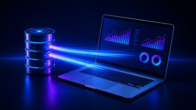 Futuristic laptop computer analyzing financial data charts connected to a glowing server database with blue light streams.
