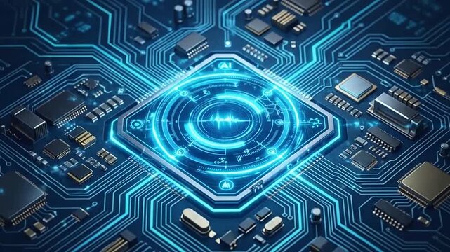 Futuristic digital circuitry with glowing blue holographic elements and intricate hardware design