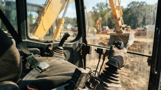 Excavator cab controls with joysticks, seatbelt latch, dusty glass, and sunlit boom outside