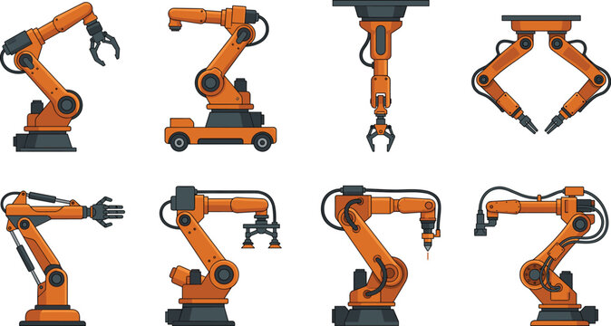 "Black silhouette vector illustrations of industrial robotic arms with diverse tools"