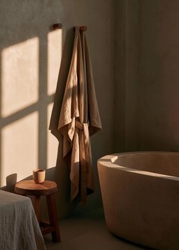 Modern bathroom with a large bathtub on the right side. the bathtub is made of a light-colored material and has a curved shape.