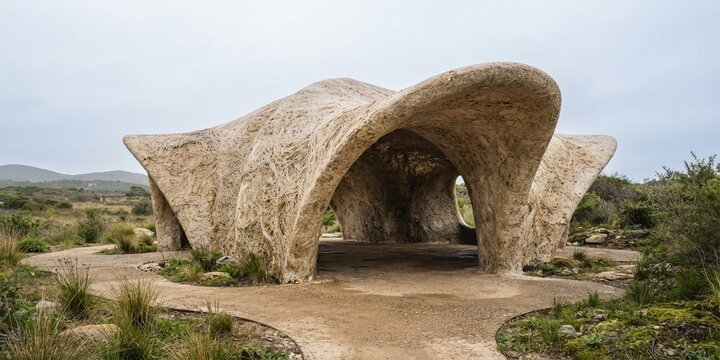 futuristic architectural pavilion constructed from cultivated mycelium biomaterial