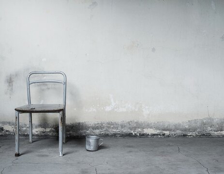 Worn metal chair and mug symbolizing hardship and poverty