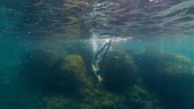 Young slim woman swims underwater, freediving and snorkeling in the sea near the coral reef near the island of Ilha Grande in Brazil