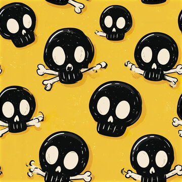 Spooky cute skull seamless pattern with glossy black skulls and white bones on bright yellow background