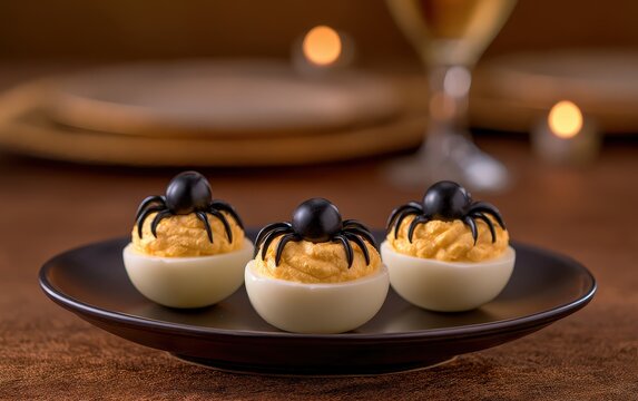 Halloween-themed Deviled Eggs with Black Olives on a Black Plate Served at a Festive Table Setting