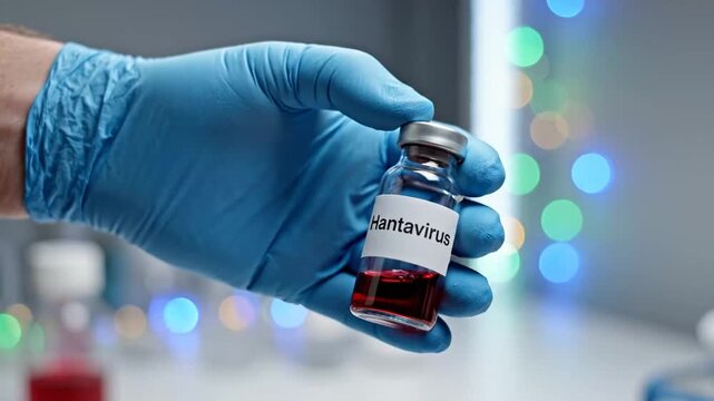 Scientist Hand Holding a Vial Marked Hantavirus During Laboratory Research