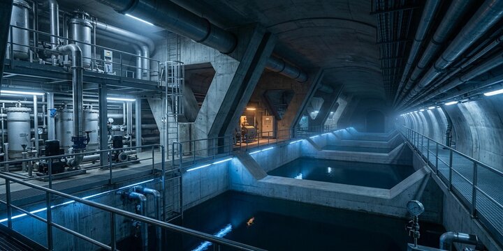 Futuristic underground urban rainwater reservoir beneath a modern city