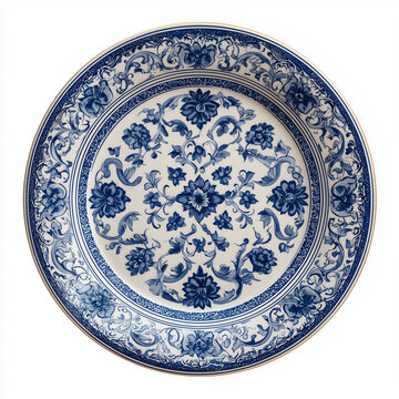 Round Ceramic Plate with Blue Vintage Pattern Top View Isolated on White Background