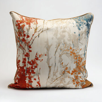 Square Decorative Pillow with Vintage Botanical Print Isolated on White Background