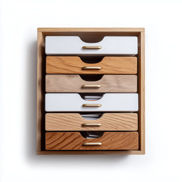 Wooden Desktop Organizer Cabinet with Small Drawers Isolated on White Background