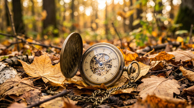 Vintage pocket watch resting on autumn forest leaves