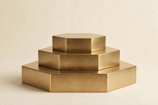 Empty luxury brushed brass podium with three hexagonal tiers for perfume mockup