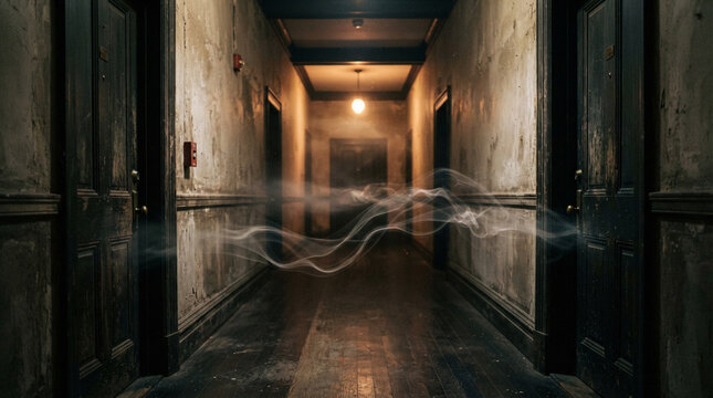 Haunted Abandoned Hotel Hallway with Ethereal Ghostly Mist