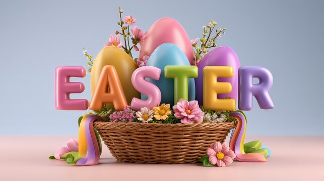 Easter Celebration with Colorful Eggs and Bunny in Basket