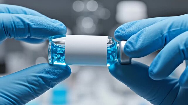 scientists handling vials with precision filled with blue substances in laboratory environment detailed close-up