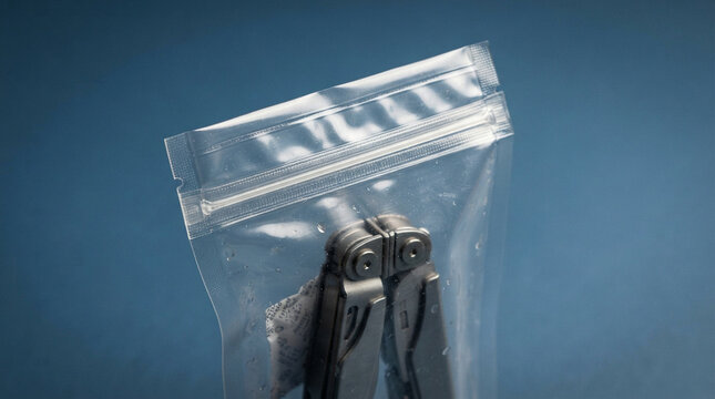 Metal multitool in clear ziplock bag on blue background